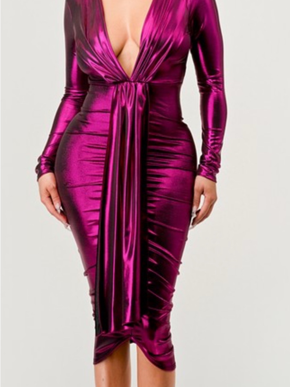 Deep V Metallic Fuchsia Long Sleeve Midi Dress